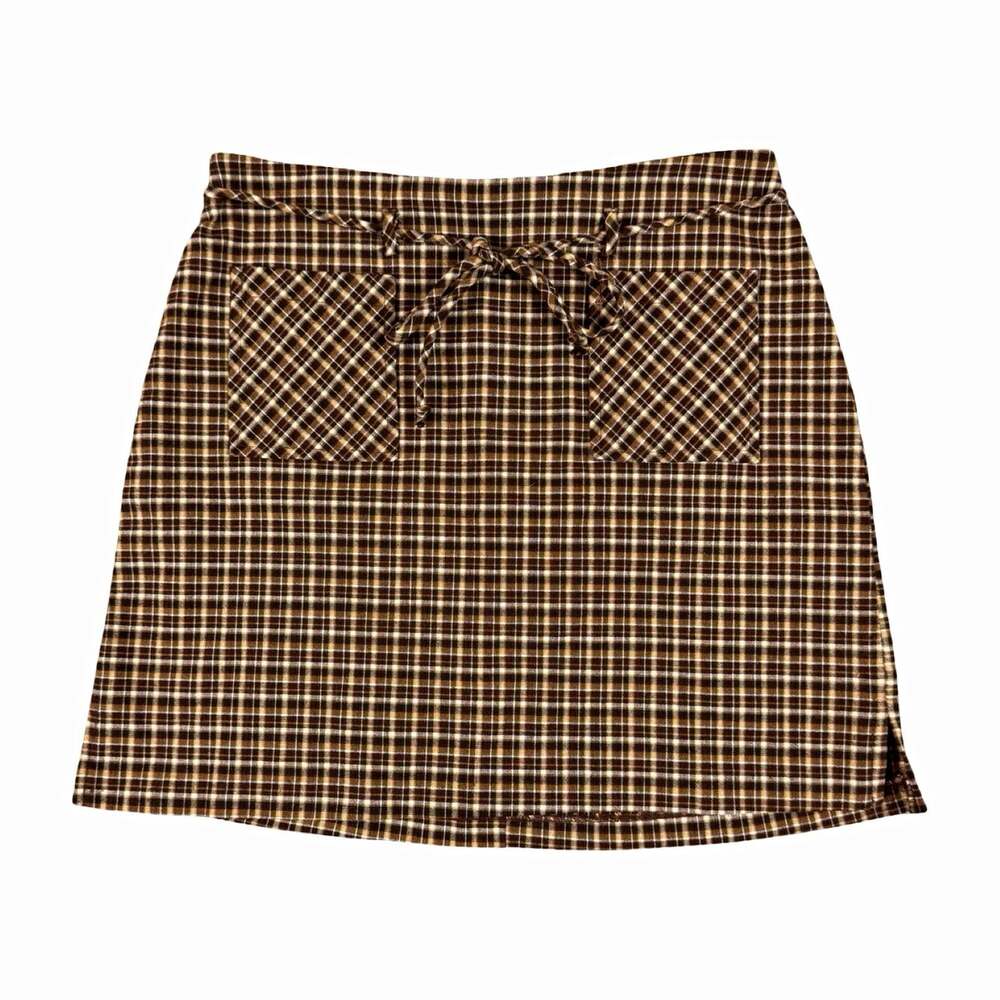 True Vintage Chocolate Rose Women’s Plaid Mini Skirt Size S Brown Pockets Bow